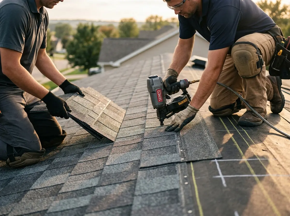 Professional roofer working on a residential roof in Keyes